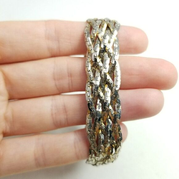 Vintage Braided Woven Silver Tone Chain Bangle Bracelet, Tab Clasp, Retro Estate - Picture 2 of 7